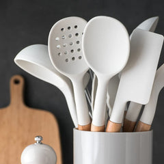 10-Piece Silicone Kitchen Utensil Set with Wooden Handles