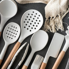 10-Piece Silicone Kitchen Utensil Set with Wooden Handles