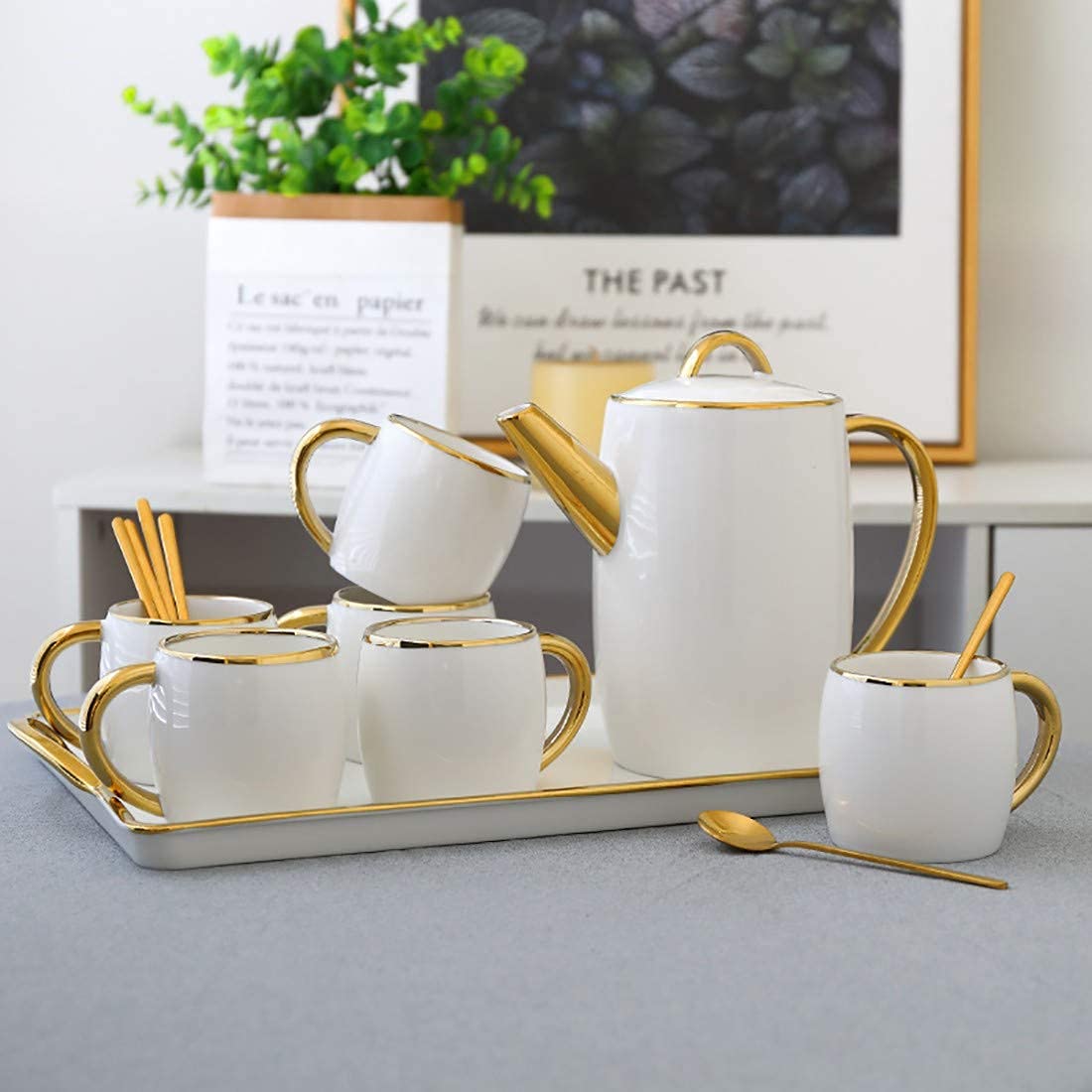 6-Piece Bone China Coffee Cup and Saucer Set with Spoons