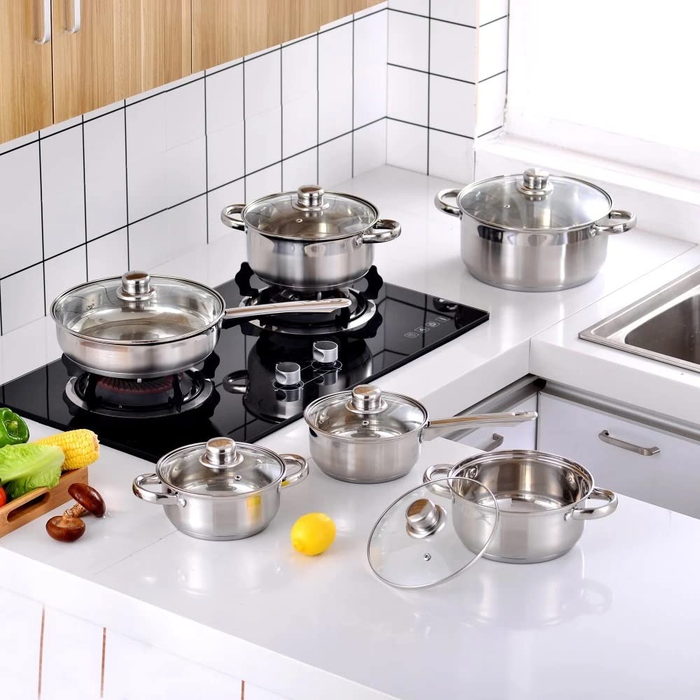 12-Piece Stainless Steel Cookware Set with Glass Lids