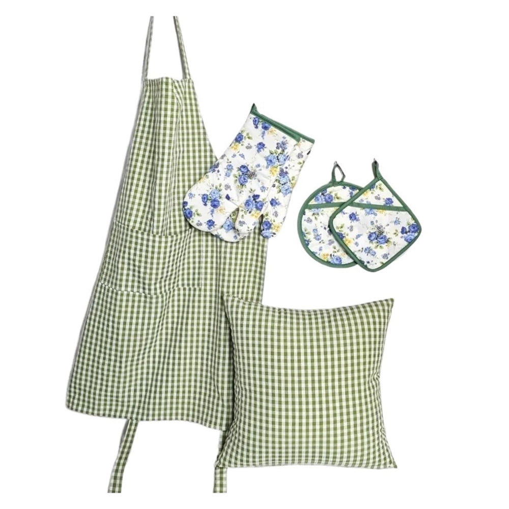 5-Piece Flower Pattern Oven Mitts Set with Apron and Pot Holders