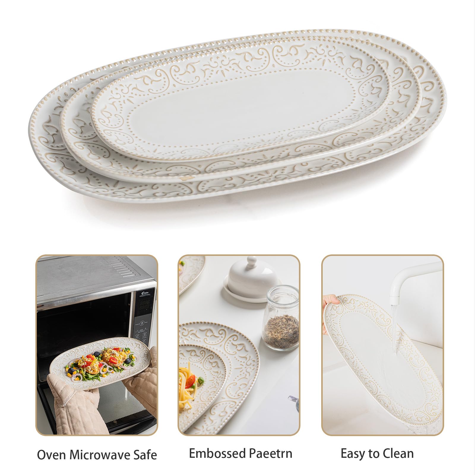 3-Piece Ceramic Oval Serving Platter Set (10/12/14 Inch)