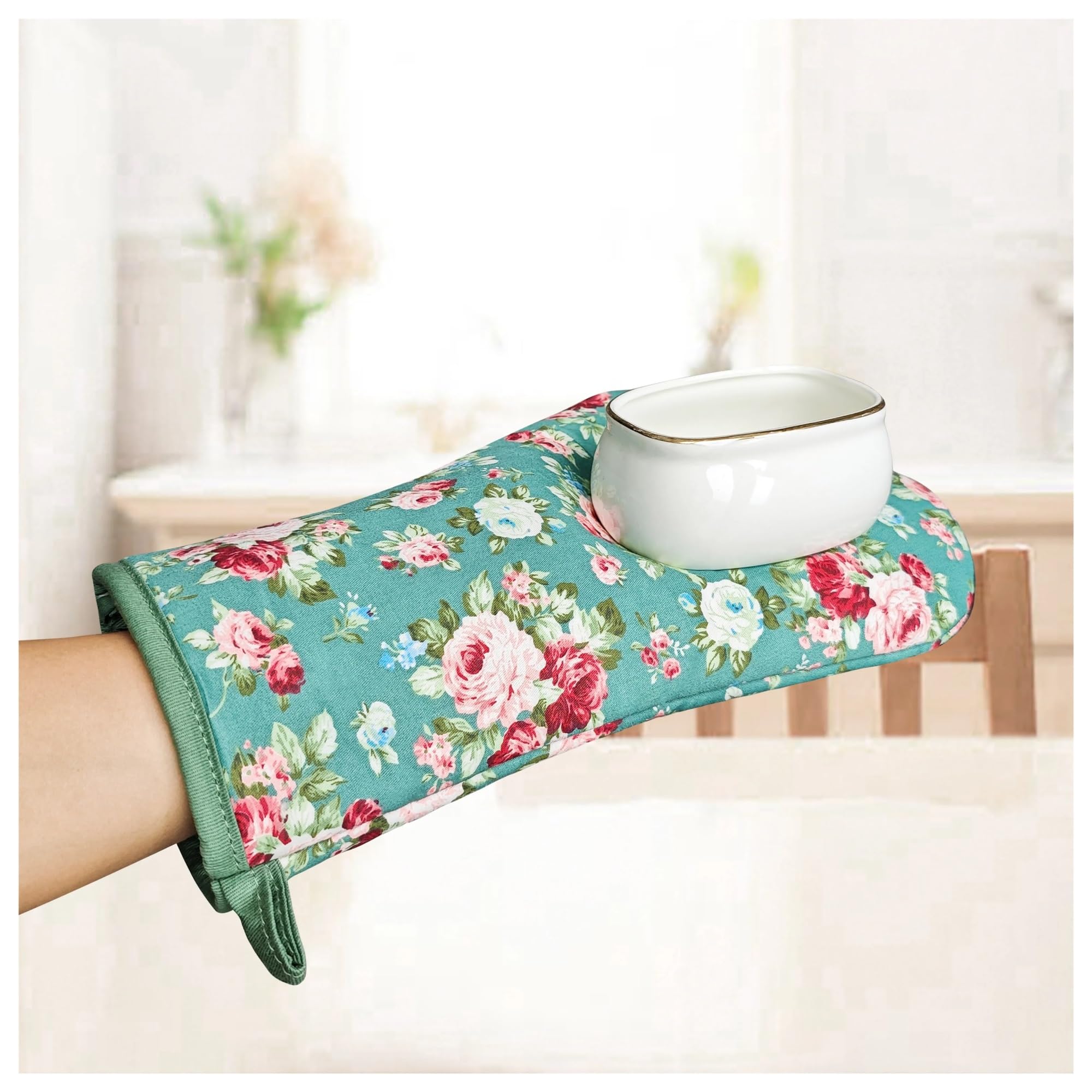 5-Piece Flower Pattern Oven Mitts Set with Apron and Pot Holders