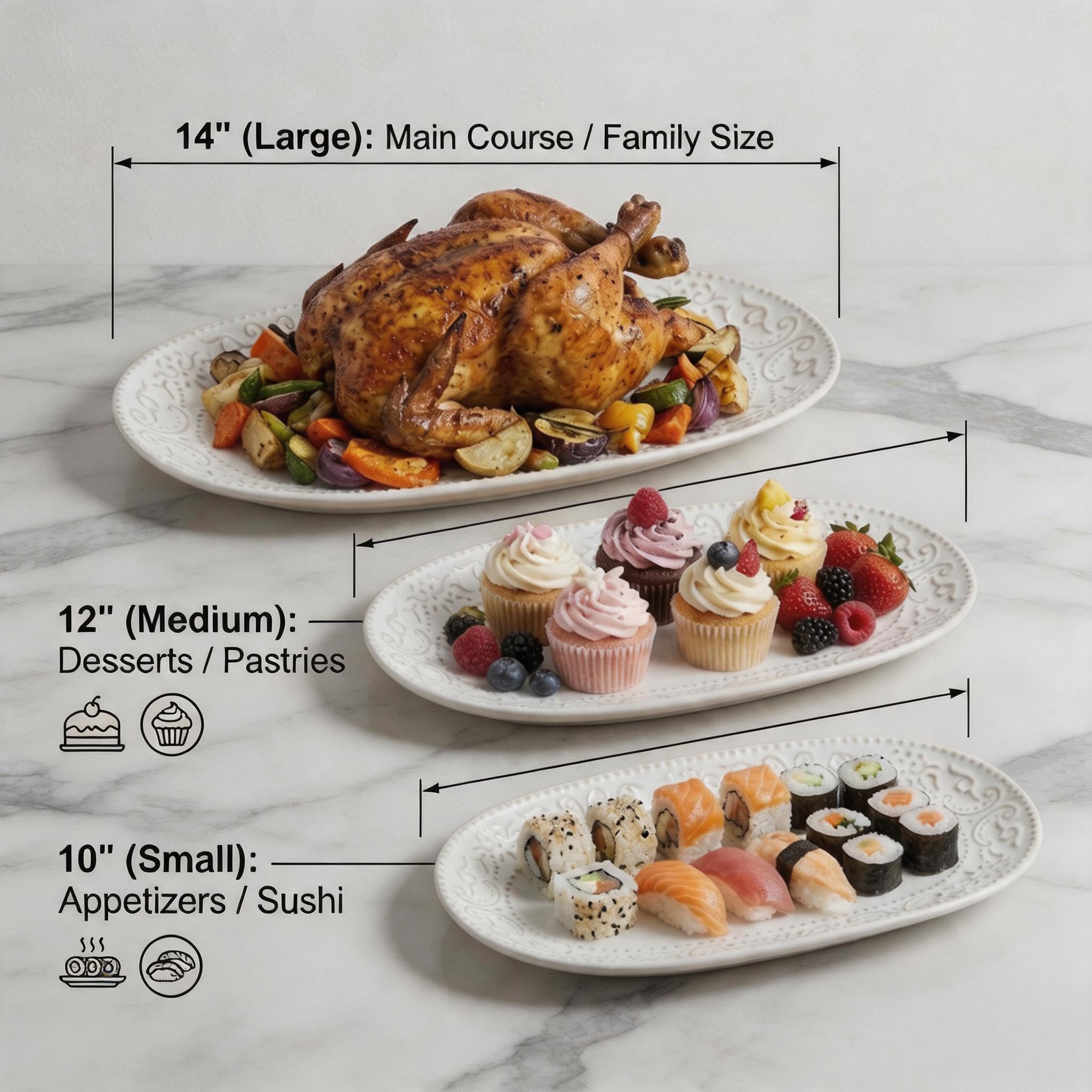 3-Piece Ceramic Oval Serving Platter Set (10/12/14 Inch)