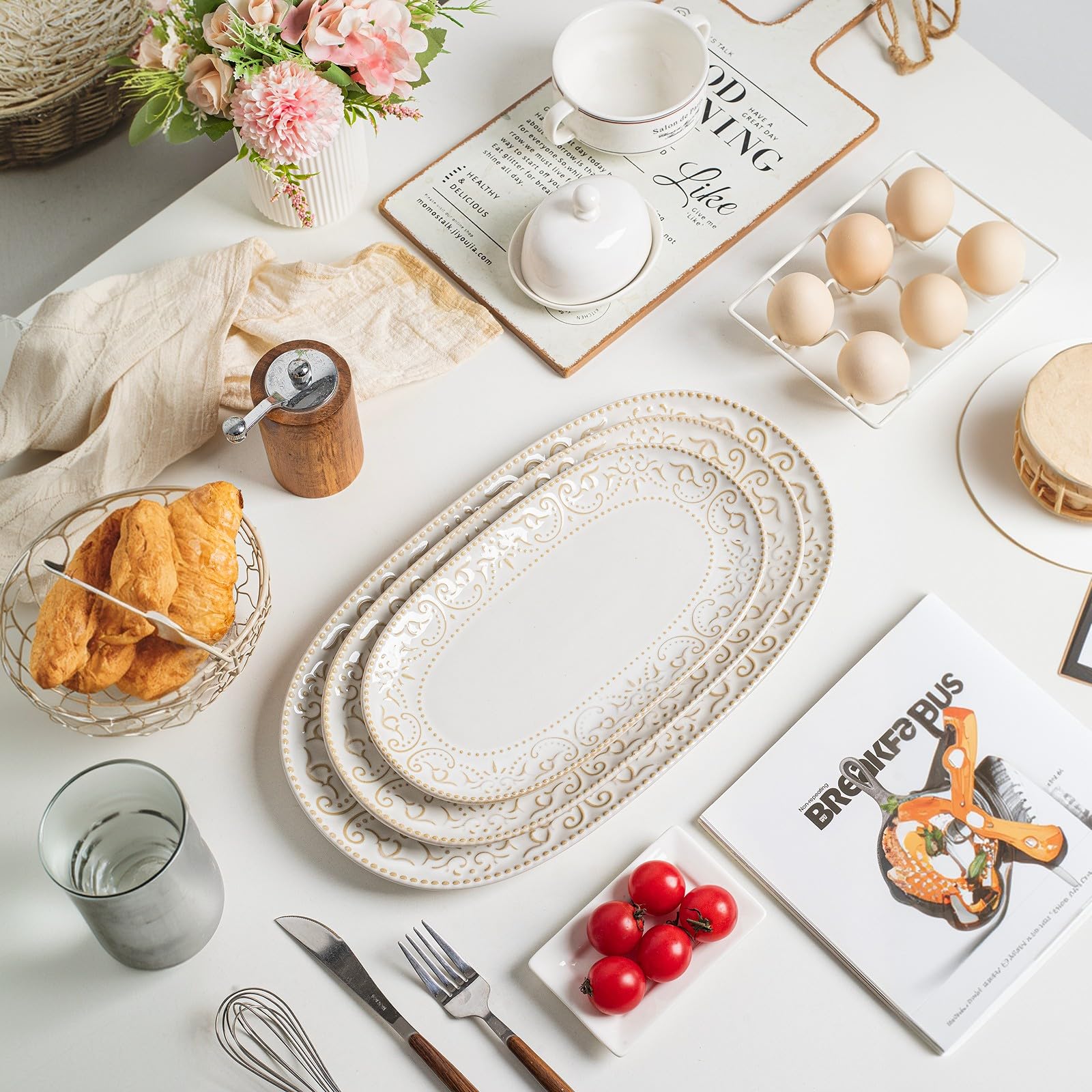3-Piece Ceramic Oval Serving Platter Set (10/12/14 Inch)