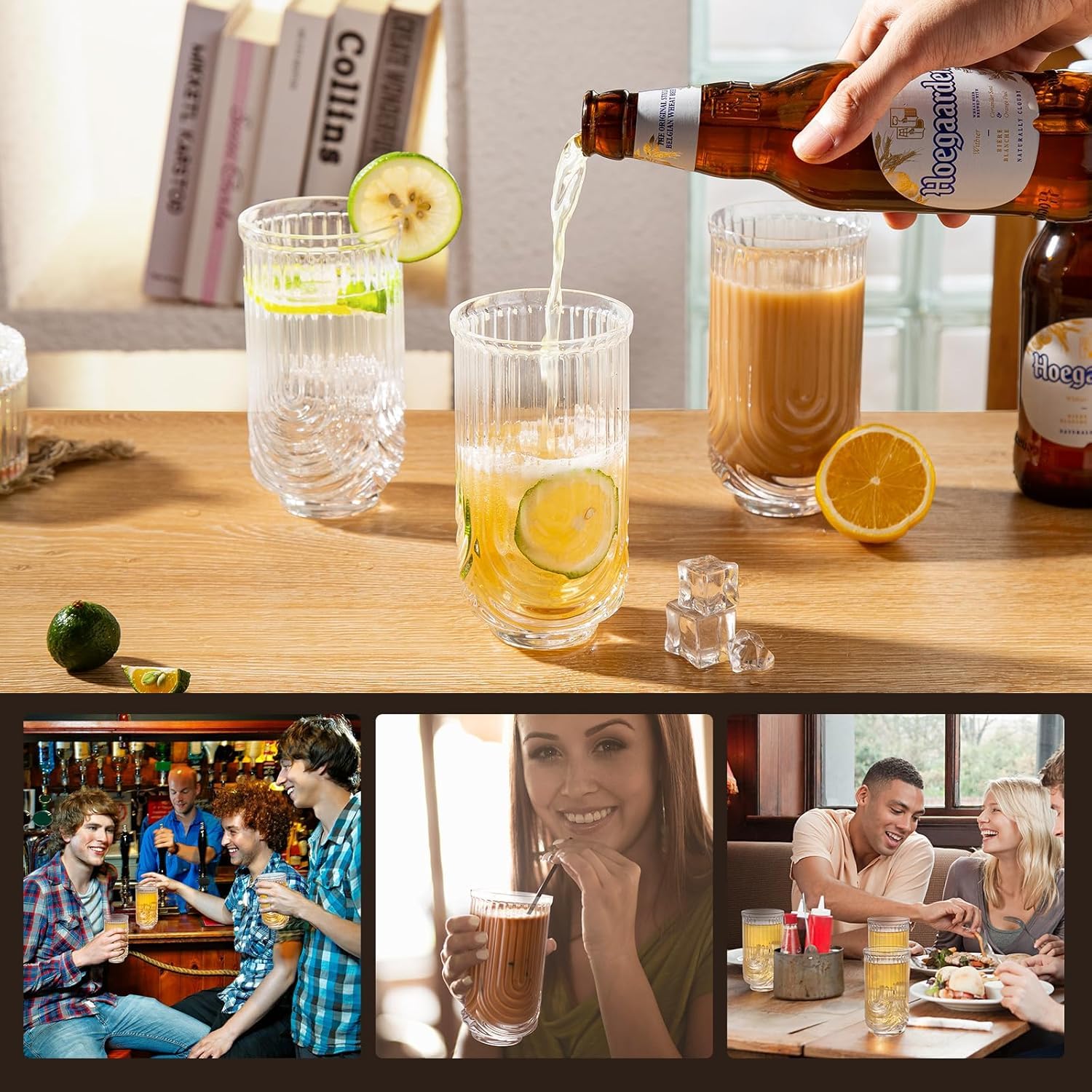 4-Piece Vintage Ribbed Glass Tumbler Set (14 oz)