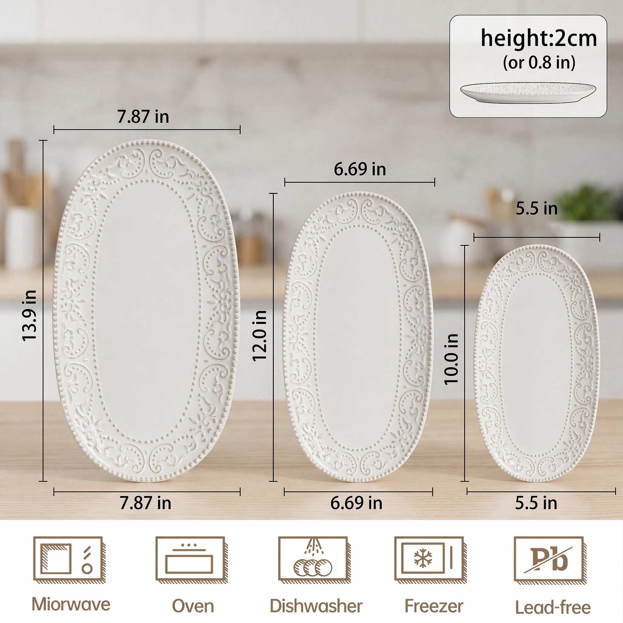 3-Piece Ceramic Oval Serving Platter Set (10/12/14 Inch)